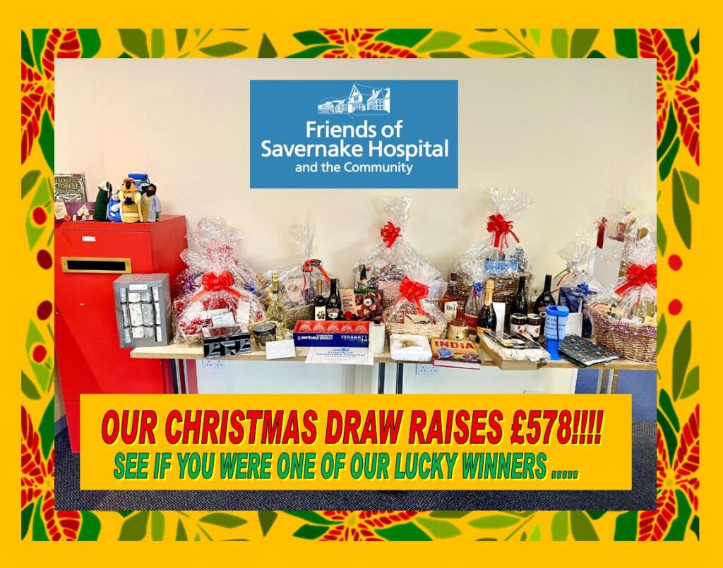 Image of a poster saying Friends of Savernake Hospital Christmas Raffle raises £578